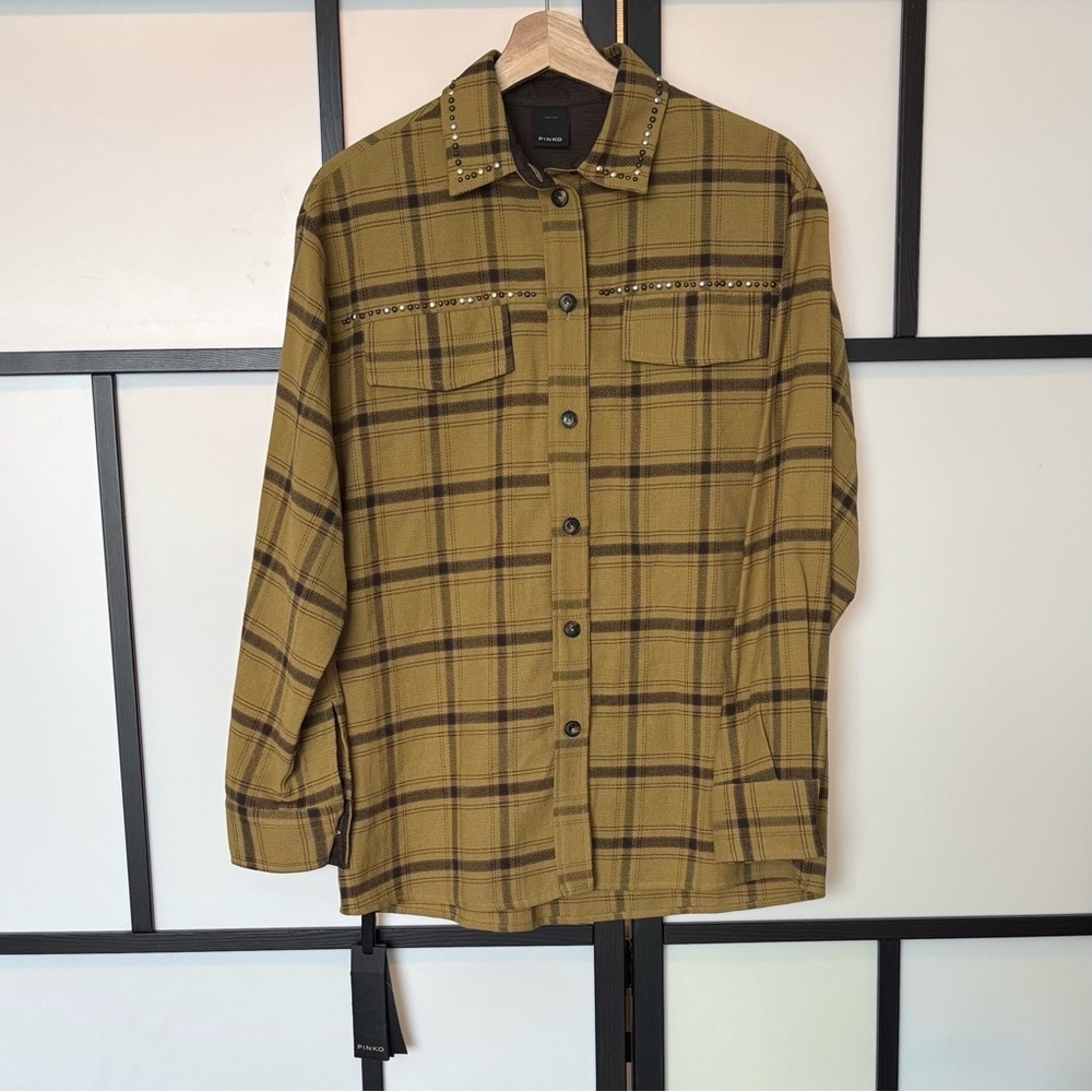 NWT Pinko Shirt Cimarosa Top Oversized Shirt Size 40‎ ITALY Plaid Stud.$410 NWT